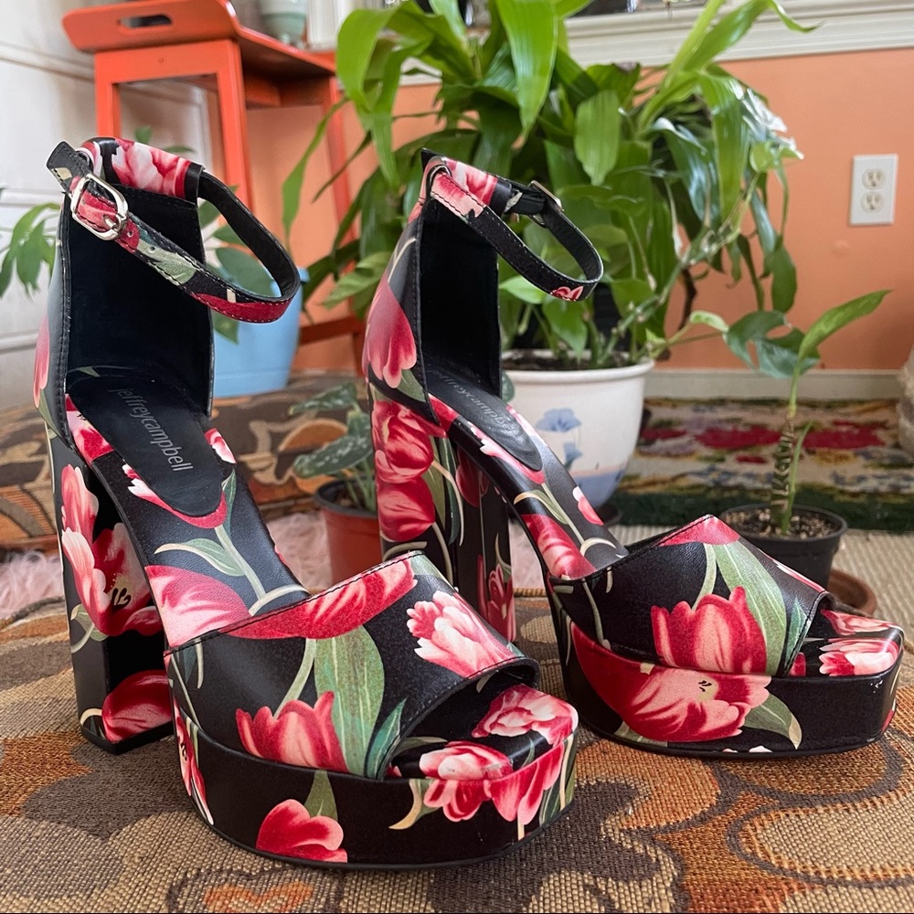 Sexy Black and Red Floral Jeffrey Campbell Platform Heels, Size 8